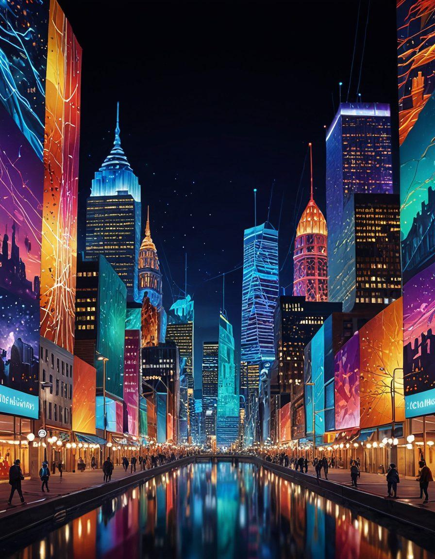 A captivating digital landscape featuring a storyteller at the center, weaving a tapestry of narratives with vibrant threads representing diverse ideas. Surrounding them are glowing light bulbs symbolizing insights and impactful stories, blending into an abstract cityscape reflecting thought leadership. The scene is infused with a sense of energy and creativity, showcasing connected people engaging with the stories. super-realistic. vibrant colors. 3D.