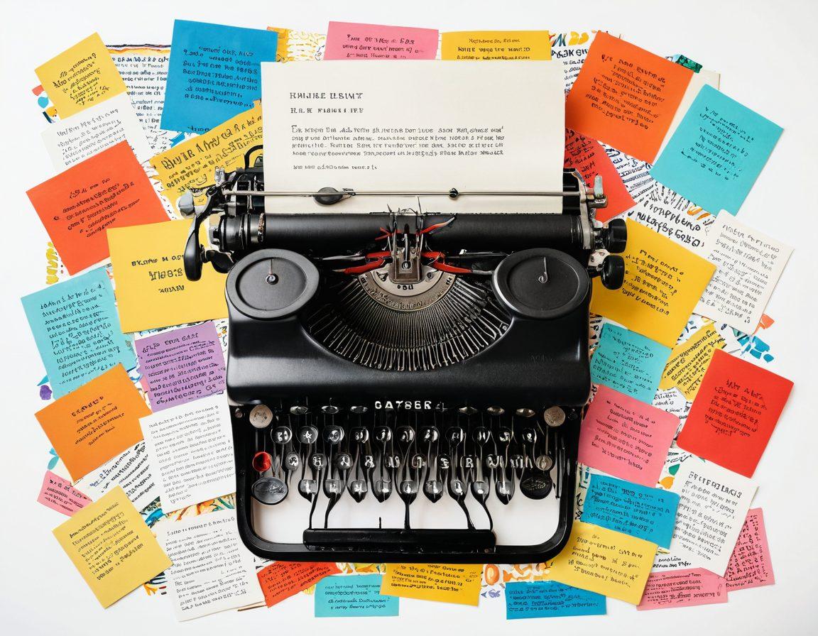 A vibrant collage of various creative writing tools, including a vintage typewriter, colorful notebooks, and a laptop, surrounded by a swirling array of captivating words and phrases. In the background, a diverse group of people engaged in animated discussions, symbolizing engagement and perspective. The scene is illuminated with warm, inviting colors to evoke creativity and collaboration. super-realistic. vibrant colors. white background.