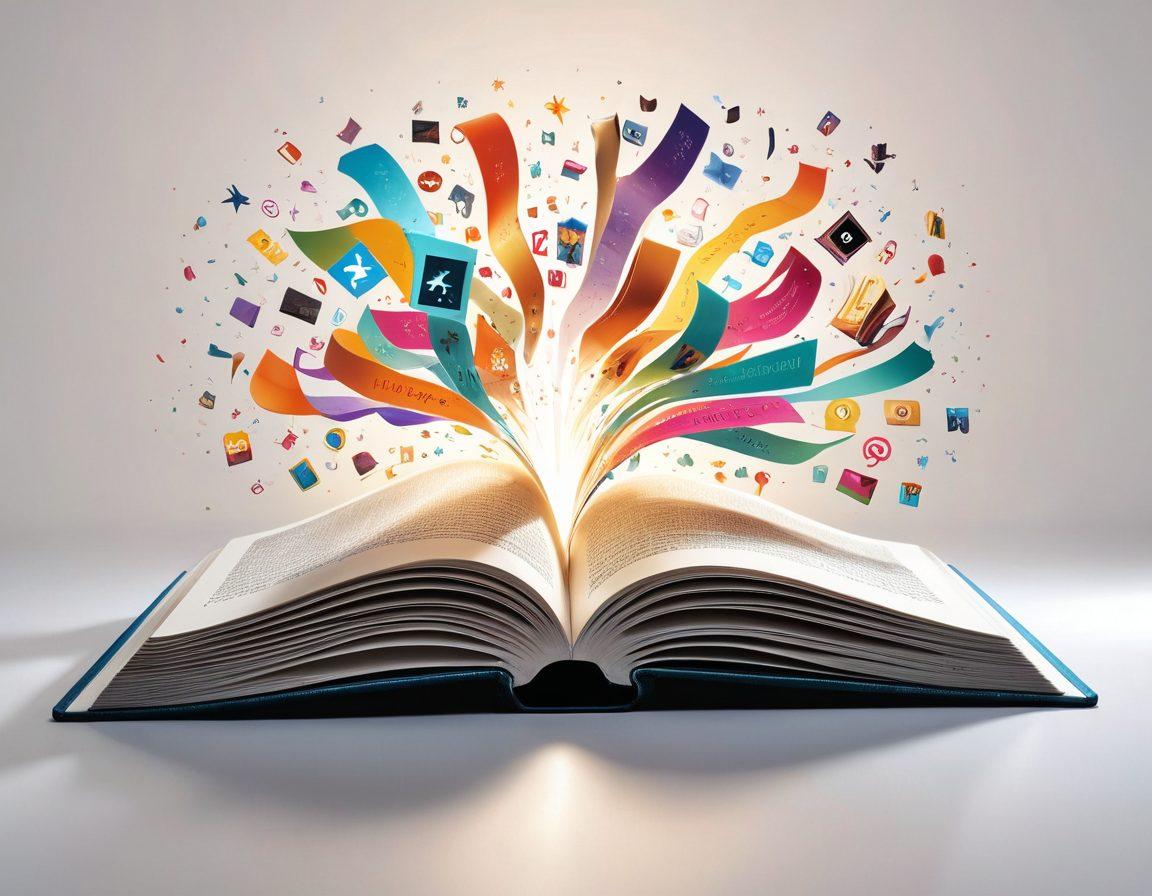 A captivating open book with glowing pages, surrounded by vibrant digital icons representing various media (like video, podcast, and social media), all infused with a flowing ribbon of colorful storytelling words and phrases weaving through the scene. In the background, a subtle silhouette of a storyteller animatedly sharing their tale. super-realistic. vibrant colors. white background.